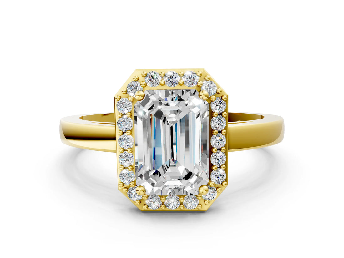 Yellow gold Emerald Cut Halo Diamond Ring with Solitaire Band and Prong Setting_13
