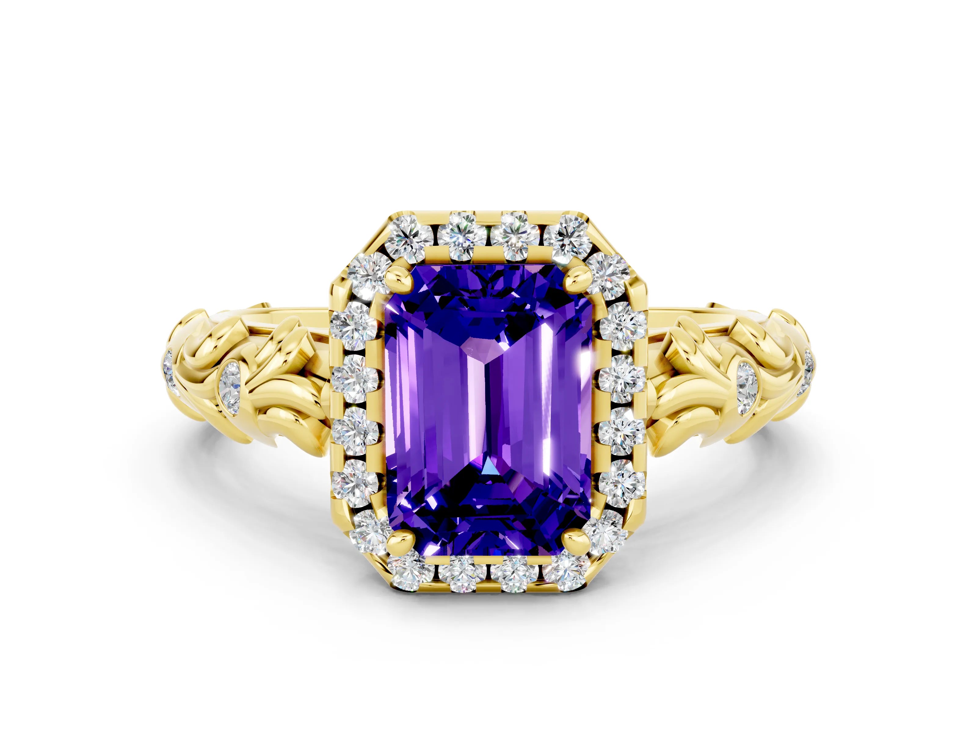 Yellow gold Emerald Cut Halo Diamond Solitaire with Filigree Band and Four-Prong Setting