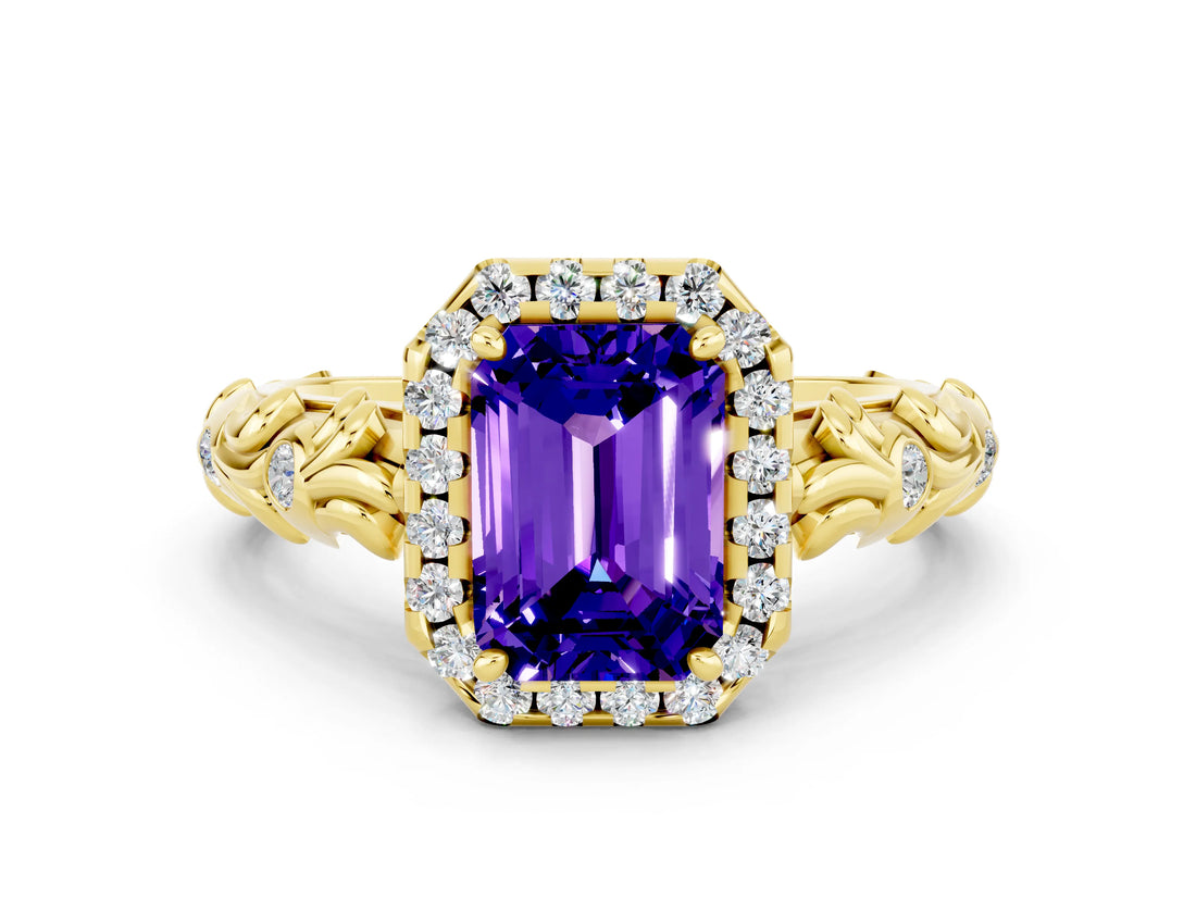 Yellow gold Emerald Cut Halo Diamond Solitaire with Filigree Band and Four-Prong Setting