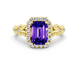 Yellow gold Emerald Cut Halo Diamond Solitaire with Filigree Band and Four-Prong Setting
