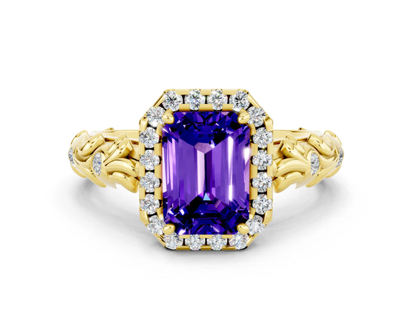 Yellow gold Emerald Cut Tanzanite Halo Ring with Filigree Band and Prong Setting
