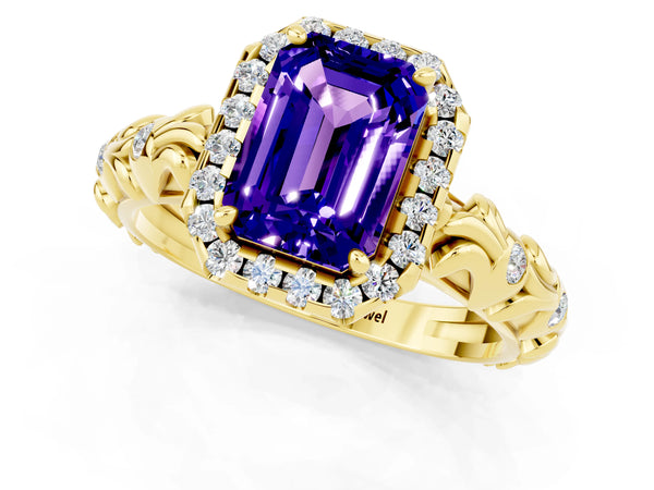Yellow gold Emerald Cut Tanzanite Halo Ring with Filigree Band and Prong Setting