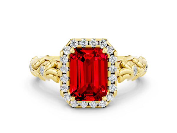 Yellow gold Emerald Cut Ruby Halo Ring with Filigree Band and Prong Setting