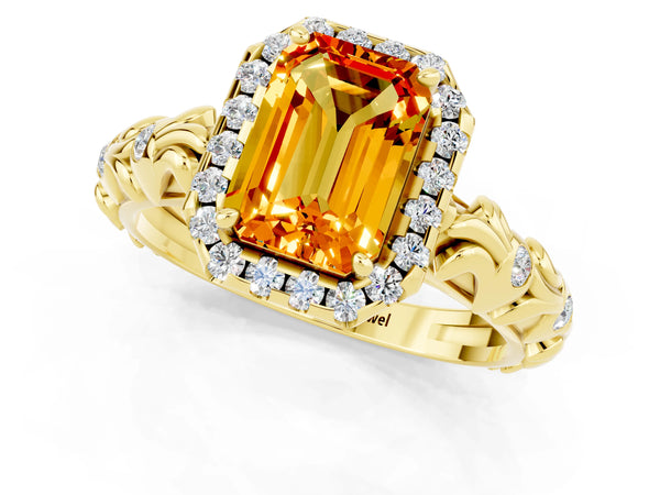 Yellow gold Emerald Cut Citrine Halo Ring with Filigree Band and Prong Setting