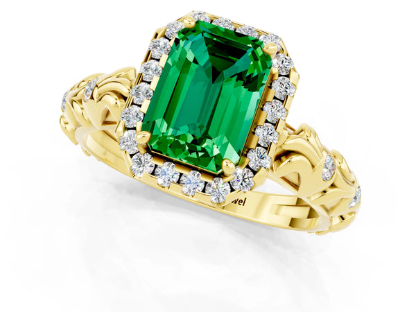 Yellow gold Emerald Cut Emerald Halo Ring with Filigree Band and Prong Setting