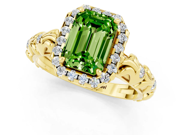 Yellow gold Emerald Cut Peridot Halo Ring with Filigree Band and Prong Setting