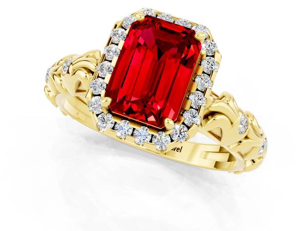Yellow gold Emerald Cut Ruby Halo Ring with Filigree Band and Prong Setting