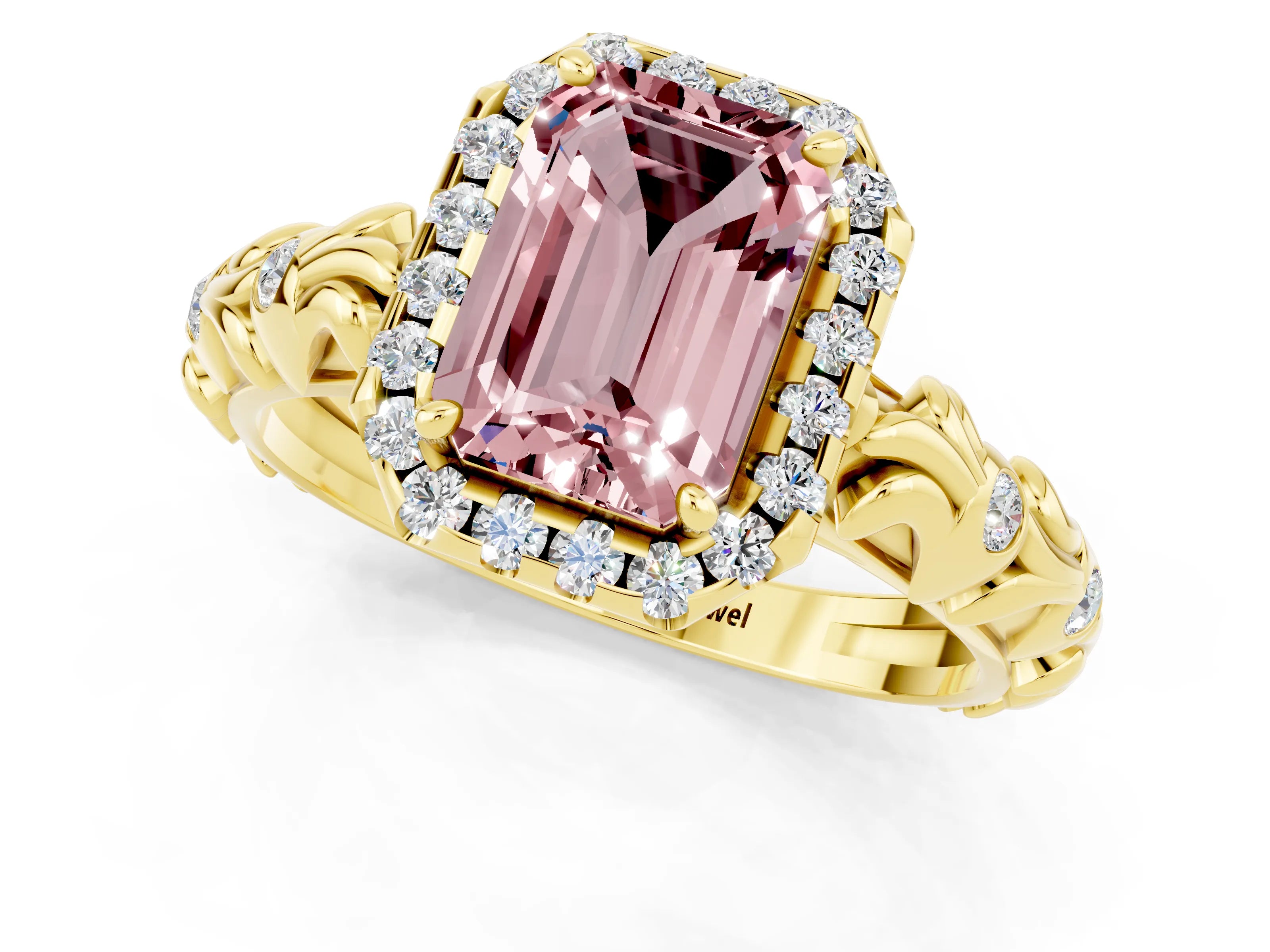 Yellow gold Emerald Cut Halo Diamond Solitaire with Filigree Band and Four-Prong Setting_1