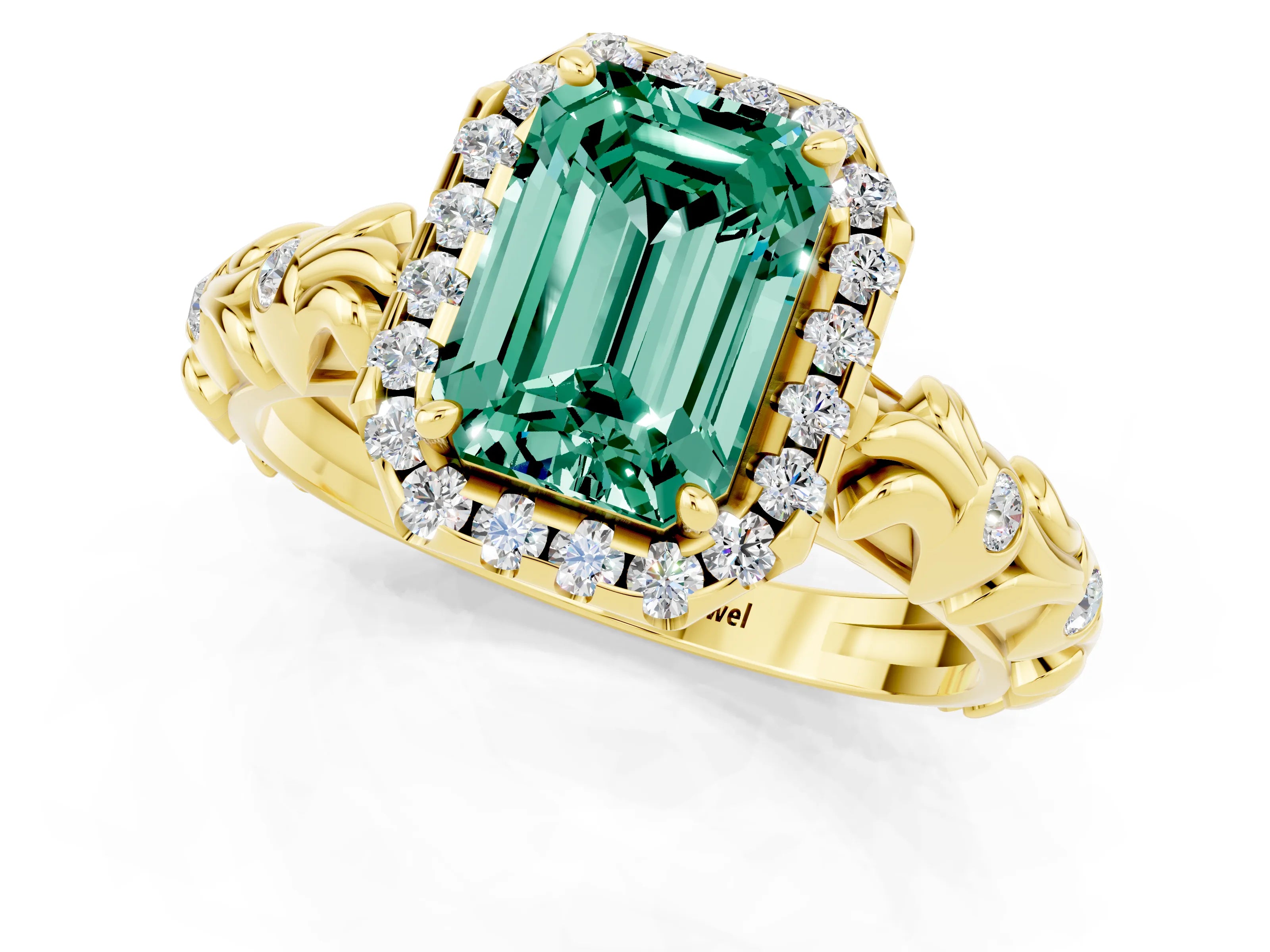 Yellow gold Emerald Cut Halo Diamond Solitaire with Filigree Band and Four-Prong Setting_1