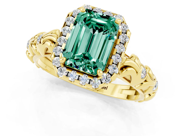 Yellow gold Emerald Cut Green Sapphire Halo Ring with Filigree Band and Prong Setting