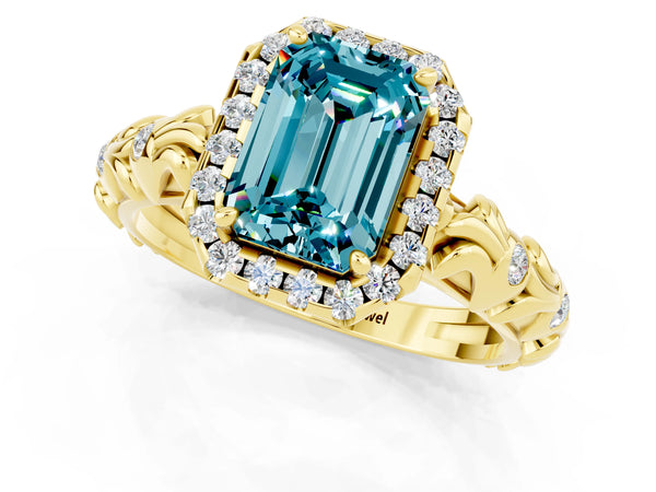 Yellow gold Emerald Cut Halo Diamond Solitaire with Filigree Band and Four-Prong Setting