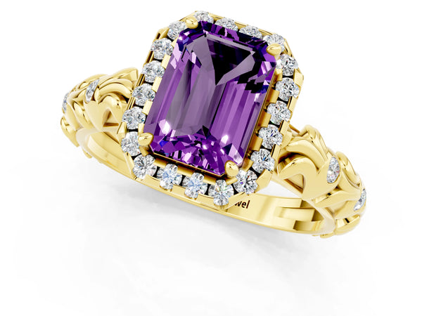 Yellow gold Emerald Cut Amethyst Halo Ring with Filigree Band and Prong Setting