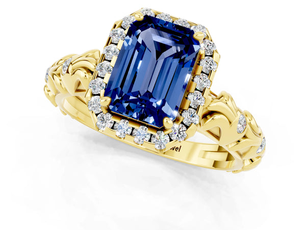 Yellow gold Emerald Cut Blue Sapphire Halo Ring with Filigree Band and Prong Setting