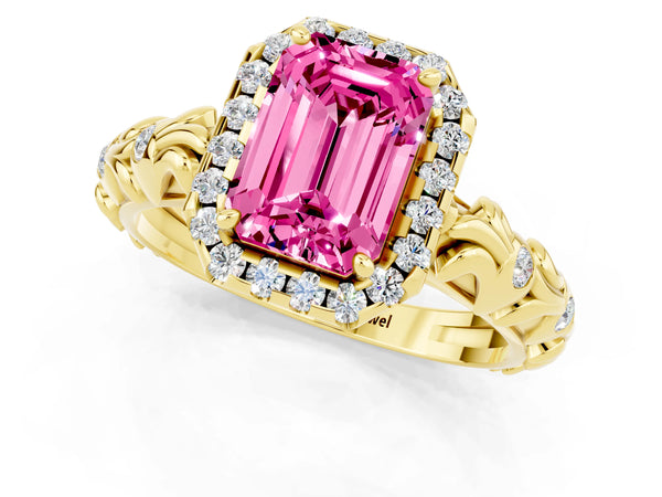 Yellow gold Emerald Cut Pink Sapphire Halo Ring with Filigree Band and Prong Setting