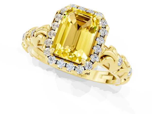 Yellow gold Emerald Cut Yellow Sapphire Halo Ring with Filigree Band and Prong Setting
