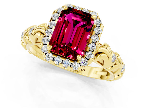 Yellow gold Emerald Cut Garnet Halo Ring with Filigree Band and Prong Setting