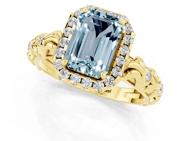 Yellow gold Emerald Cut Aquamarine Halo Ring with Filigree Band and Prong Setting