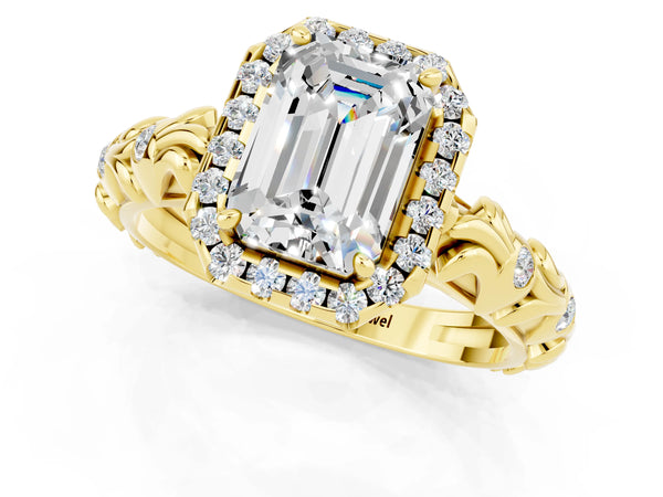 Yellow gold Emerald Cut Moissanite Halo Ring with Filigree Band and Prong Setting