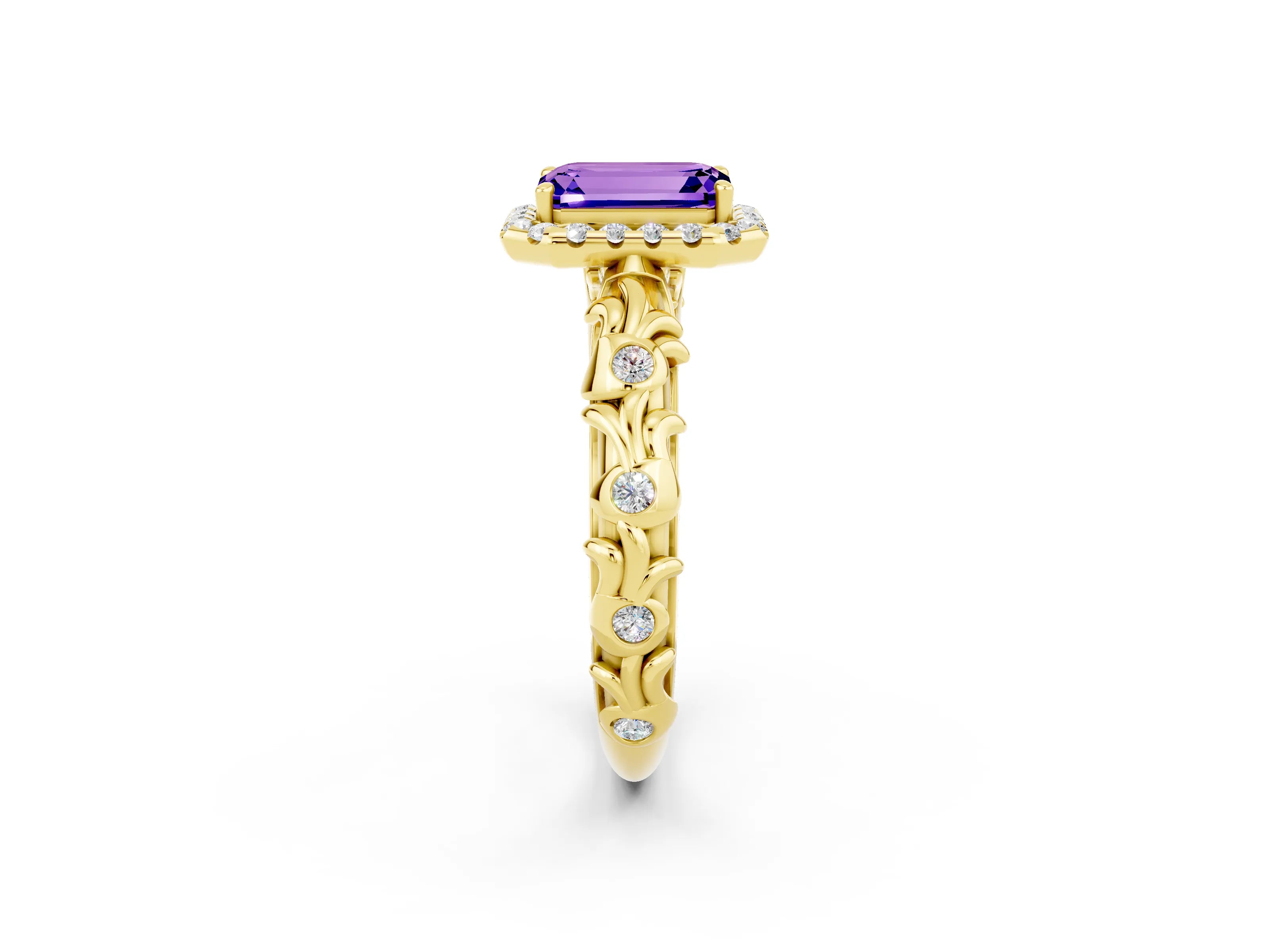 Yellow gold Emerald Cut Halo Diamond Solitaire with Filigree Band and Four-Prong Setting_2