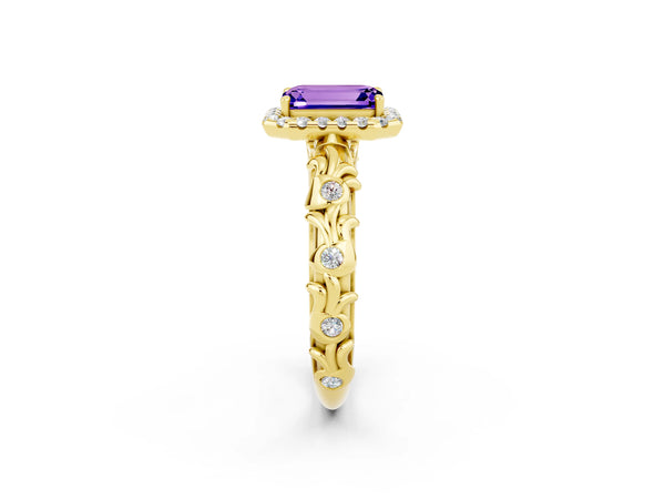 Yellow gold Emerald Cut Tanzanite Halo Ring with Filigree Band and Prong Setting
