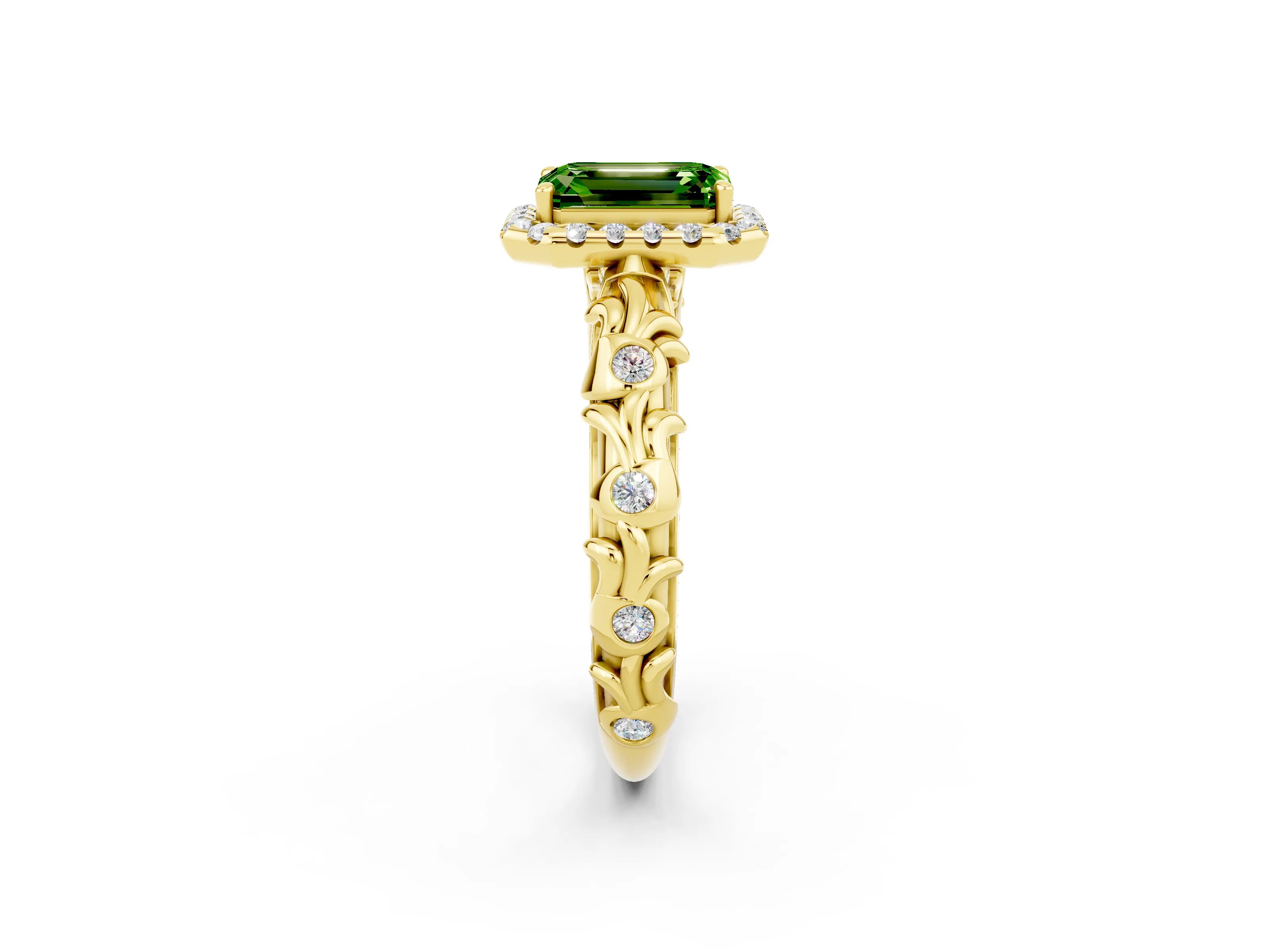 Yellow gold Emerald Cut Halo Diamond Solitaire with Filigree Band and Four-Prong Setting_2