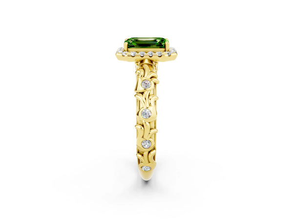 Yellow gold Emerald Cut Peridot Halo Ring with Filigree Band and Prong Setting