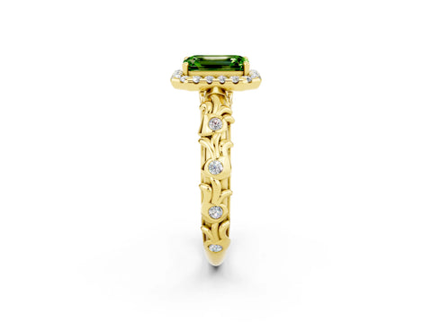 Yellow gold Emerald Cut Halo Diamond Solitaire with Filigree Band and Four-Prong Setting_2
