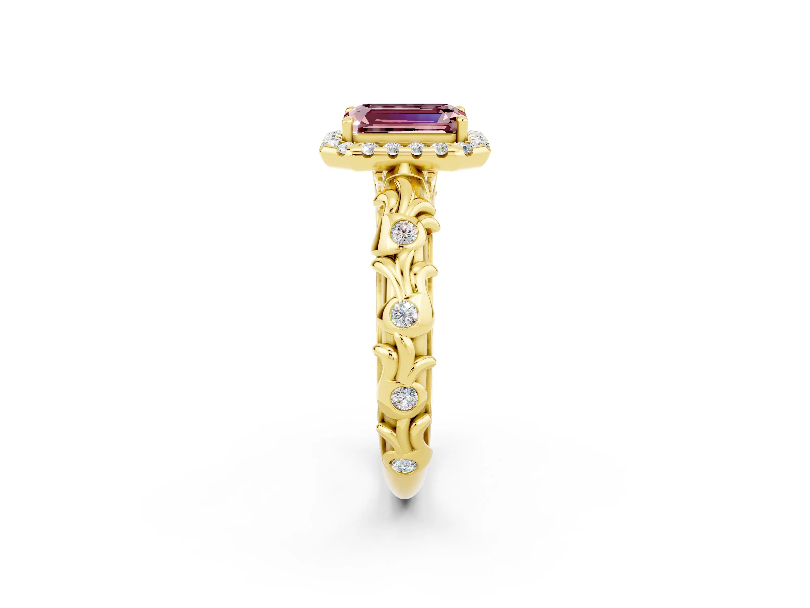 Yellow gold Emerald Cut Halo Diamond Solitaire with Filigree Band and Four-Prong Setting_2