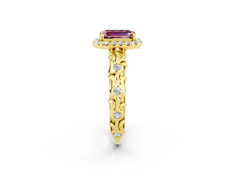 Yellow gold Emerald Cut Halo Diamond Solitaire with Filigree Band and Four-Prong Setting_2