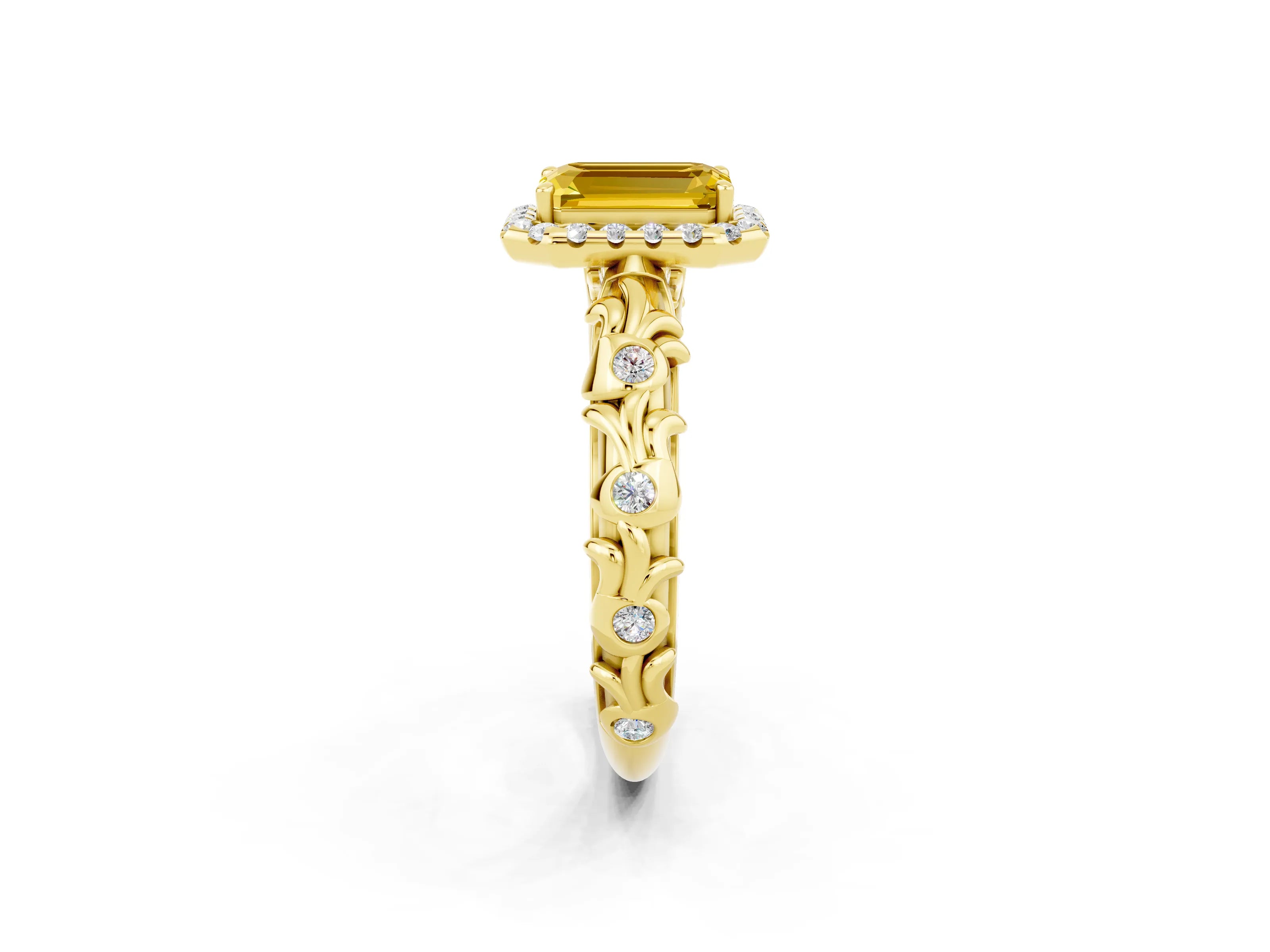 Yellow gold Emerald Cut Halo Diamond Solitaire with Filigree Band and Four-Prong Setting_2