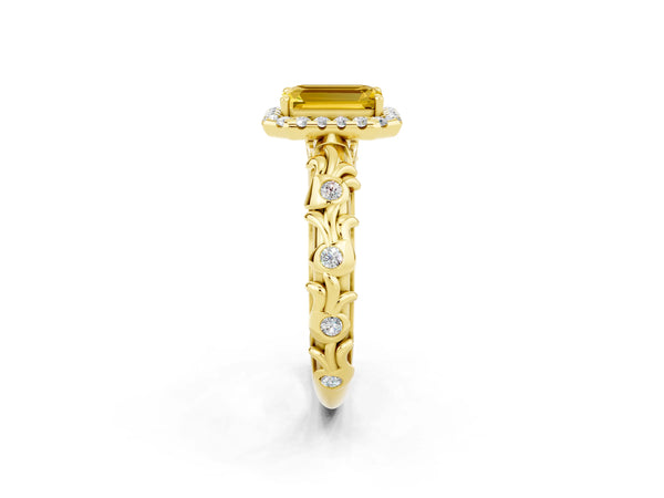 Yellow gold Emerald Cut Yellow Sapphire Halo Ring with Filigree Band and Prong Setting