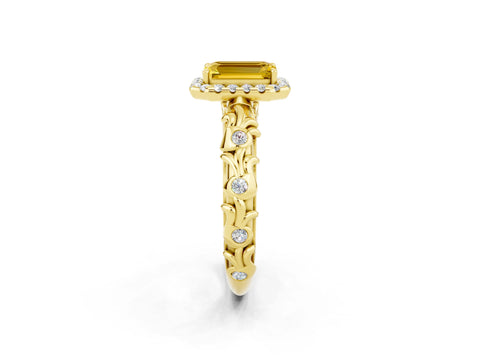 Yellow gold Emerald Cut Halo Diamond Solitaire with Filigree Band and Four-Prong Setting_2