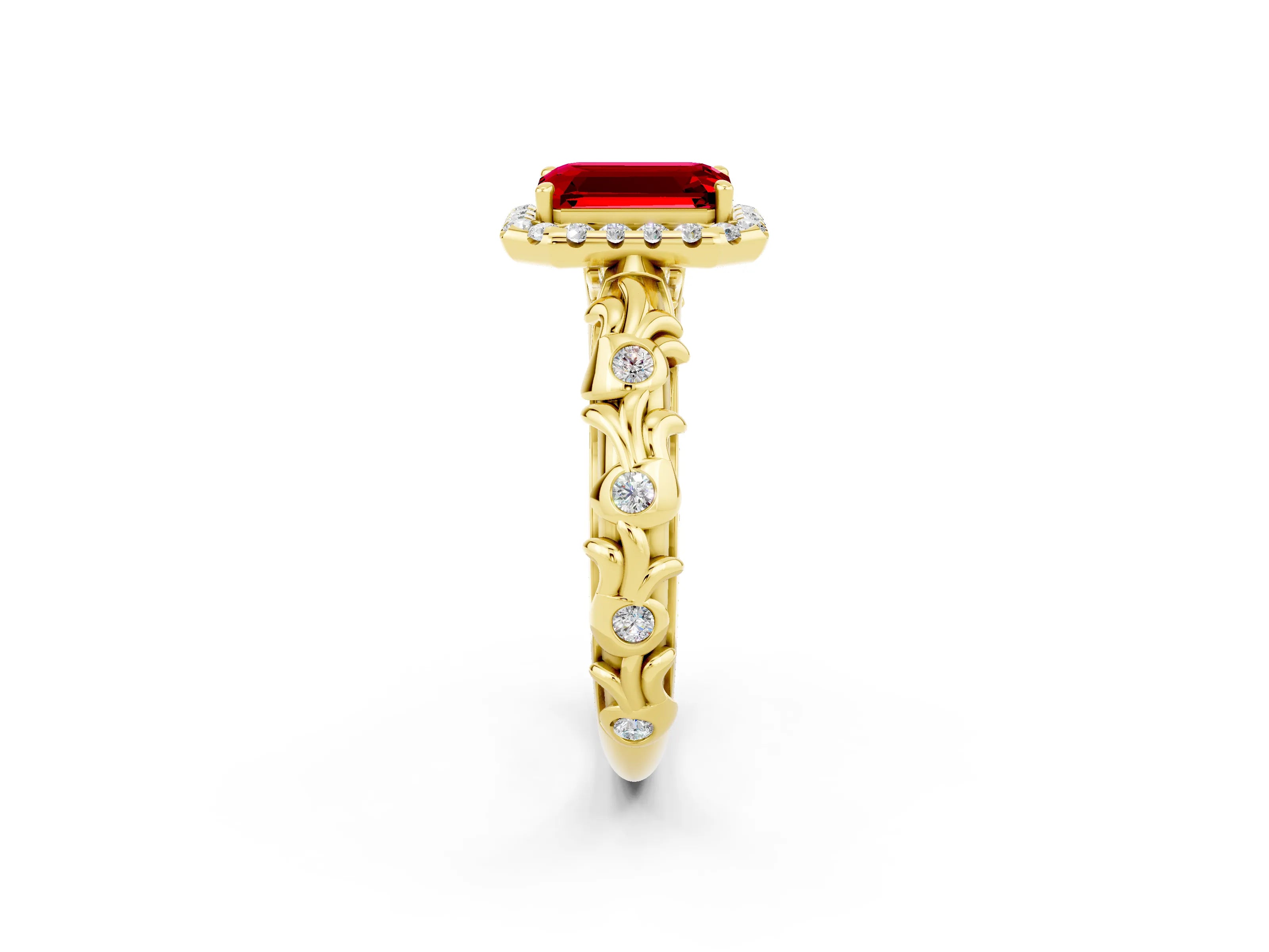 Yellow gold Emerald Cut Halo Diamond Solitaire with Filigree Band and Four-Prong Setting_2