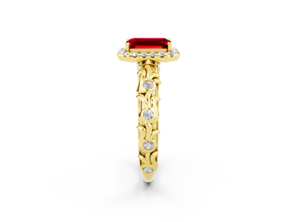 Yellow gold Emerald Cut Ruby Halo Ring with Filigree Band and Prong Setting