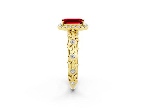 Yellow gold Emerald Cut Halo Diamond Solitaire with Filigree Band and Four-Prong Setting_2