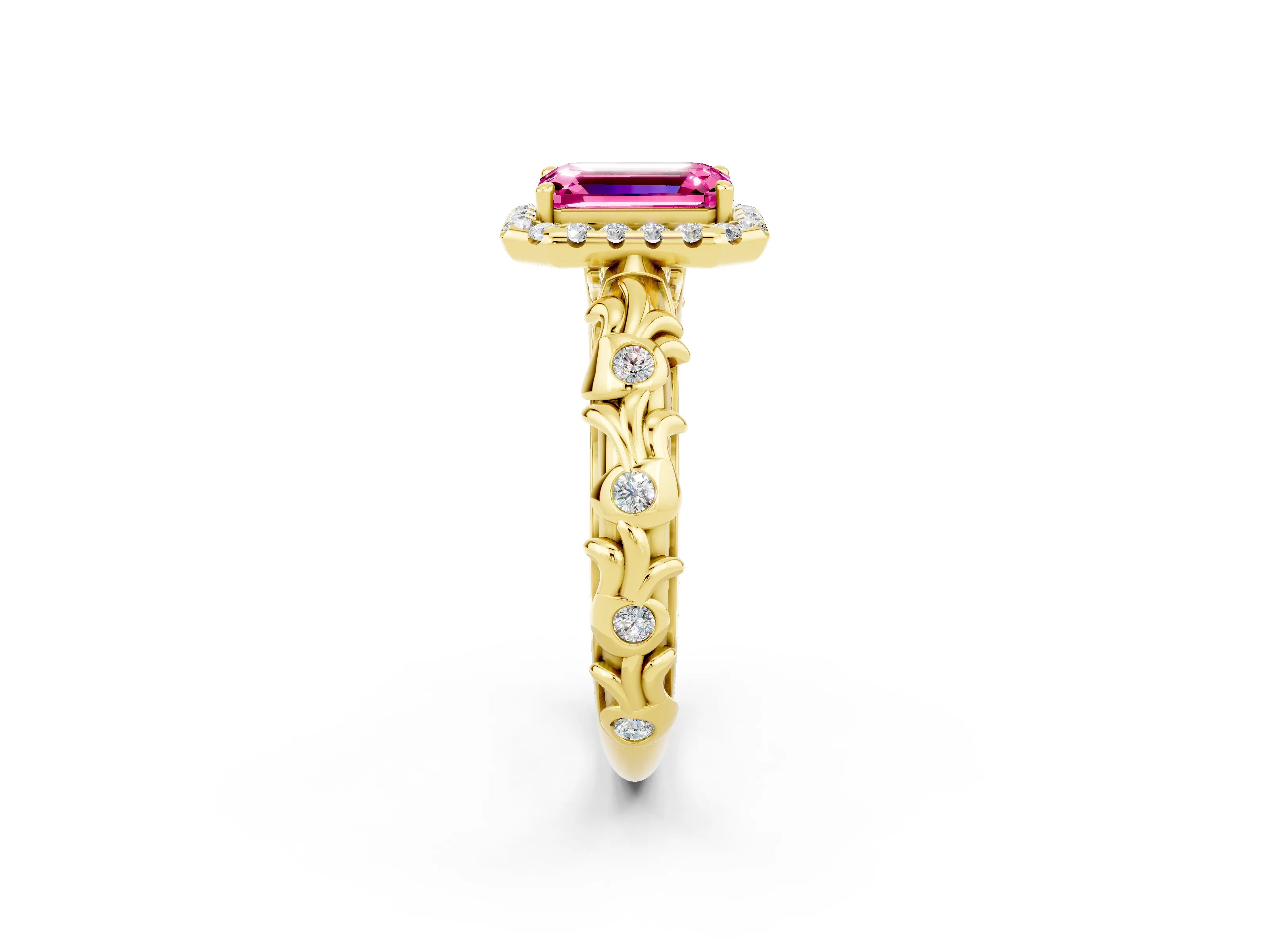 Yellow gold Emerald Cut Halo Diamond Solitaire with Filigree Band and Four-Prong Setting_2