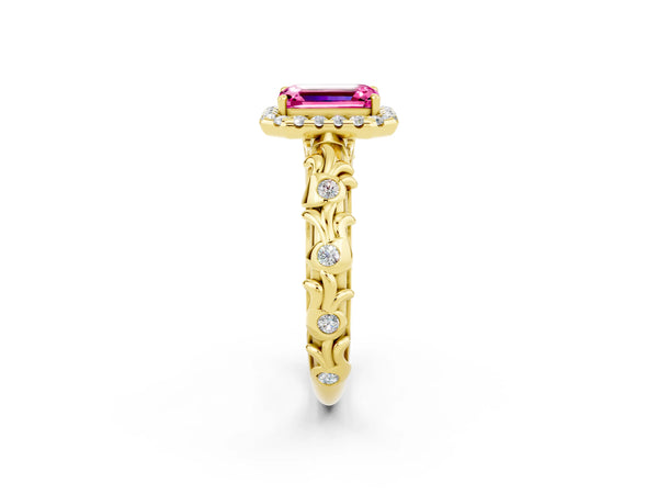 Yellow gold Emerald Cut Pink Sapphire Halo Ring with Filigree Band and Prong Setting