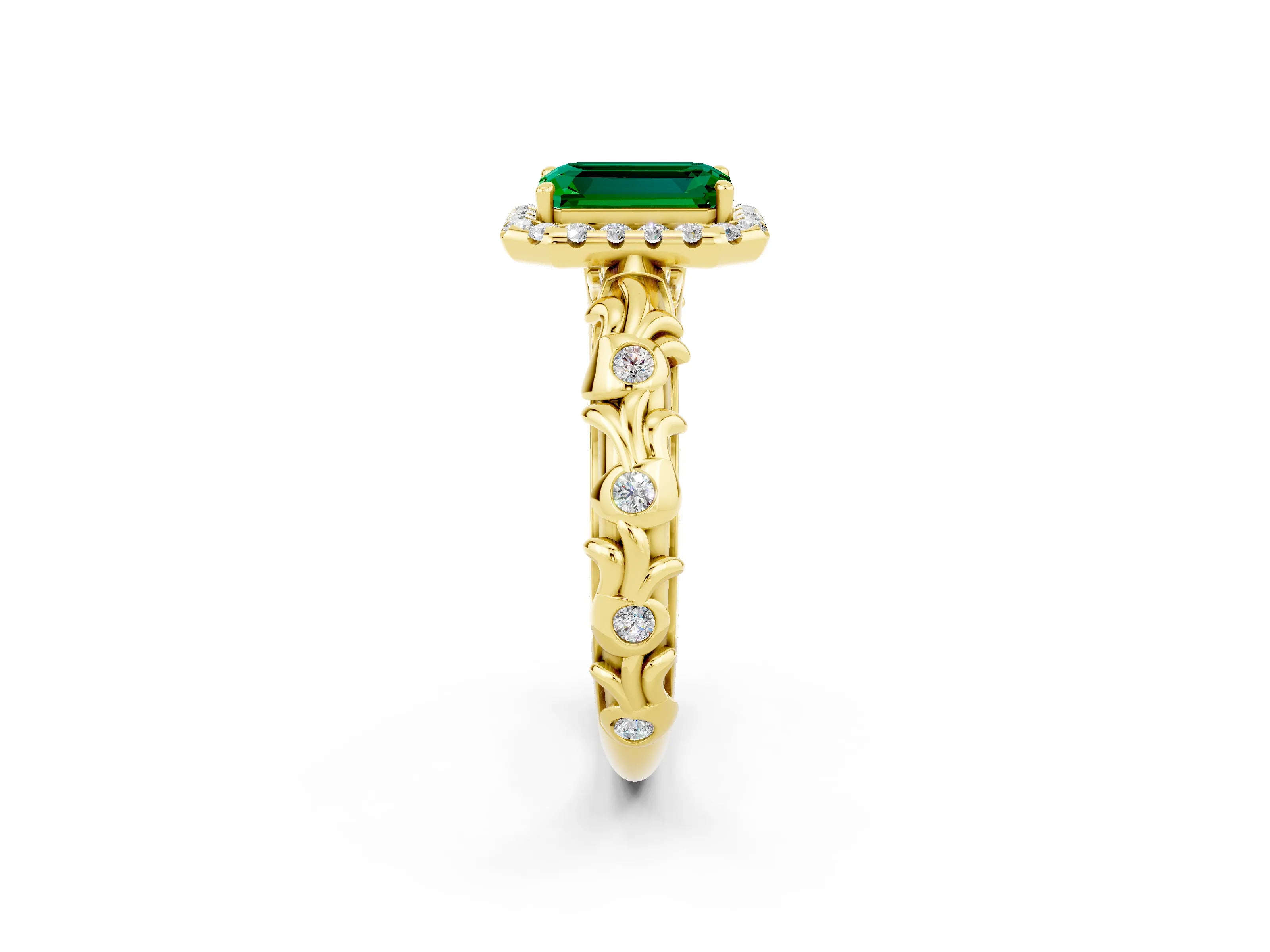 Yellow gold Emerald Cut Halo Diamond Solitaire with Filigree Band and Four-Prong Setting_2