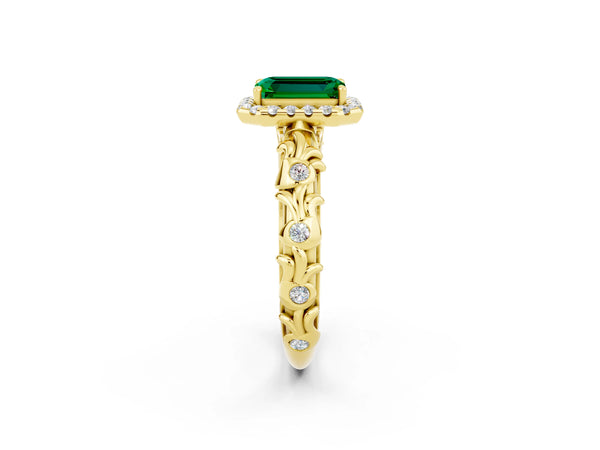 Yellow gold Emerald Cut Emerald Halo Ring with Filigree Band and Prong Setting