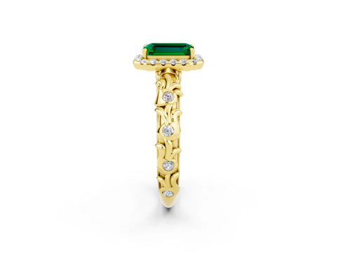 Yellow gold Emerald Cut Halo Diamond Solitaire with Filigree Band and Four-Prong Setting_2