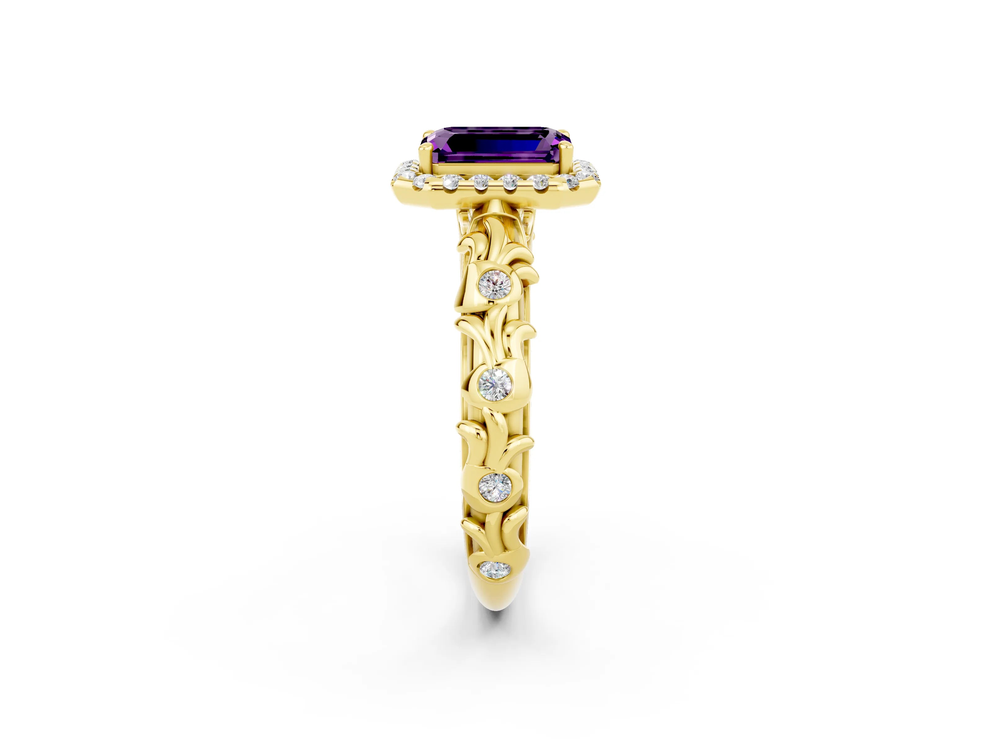 Yellow gold Emerald Cut Halo Diamond Solitaire with Filigree Band and Four-Prong Setting_2