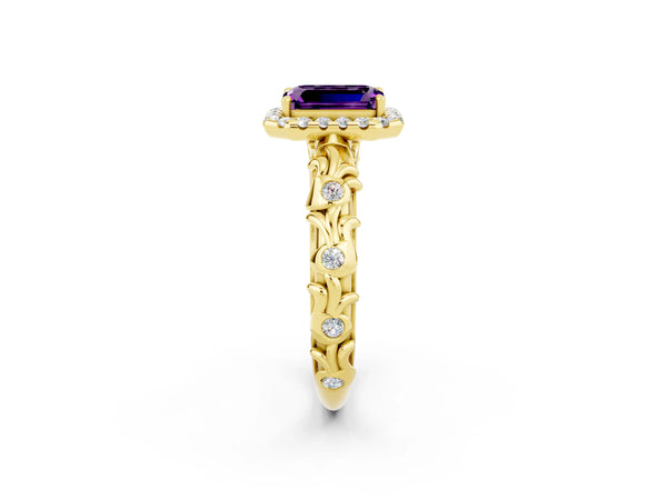 Yellow gold Emerald Cut Amethyst Halo Ring with Filigree Band and Prong Setting