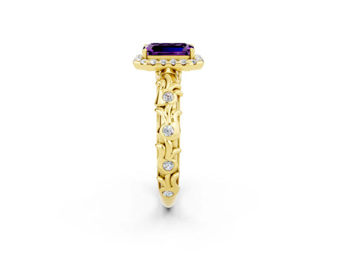 Yellow gold Emerald Cut Halo Diamond Solitaire with Filigree Band and Four-Prong Setting_2