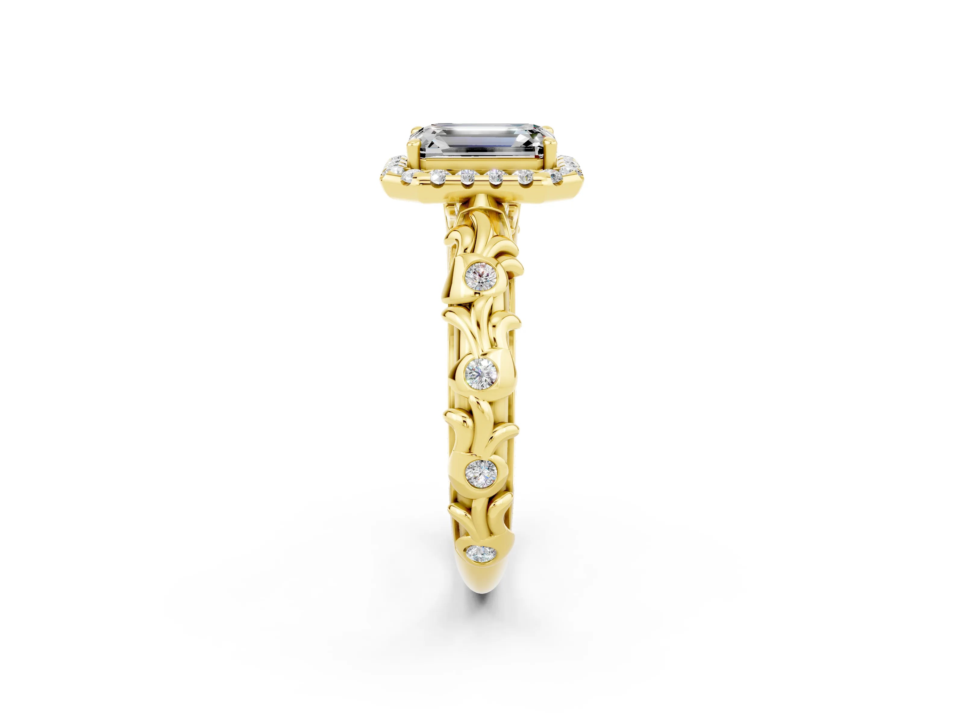 Yellow gold Emerald Cut Halo Diamond Solitaire with Filigree Band and Four-Prong Setting_2