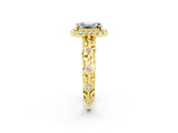 Yellow gold Emerald Cut Halo Diamond Solitaire with Filigree Band and Four-Prong Setting_2