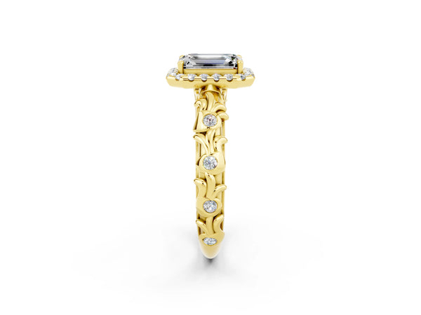 Yellow gold Emerald Cut Moissanite Halo Ring with Filigree Band and Prong Setting