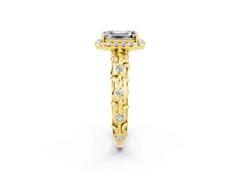 Yellow gold Emerald Cut Halo Diamond Solitaire with Filigree Band and Four-Prong Setting_2