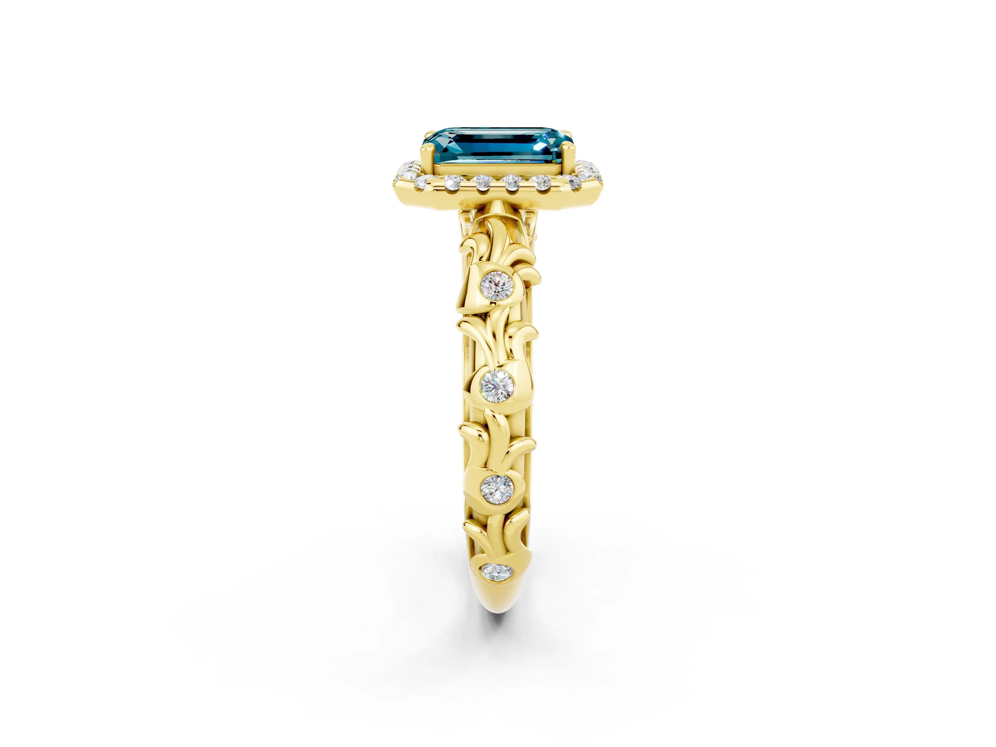 Yellow gold Emerald Cut Halo Diamond Solitaire with Filigree Band and Four-Prong Setting_2