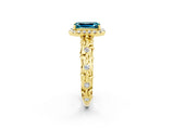 Yellow gold Emerald Cut Halo Diamond Solitaire with Filigree Band and Four-Prong Setting_2
