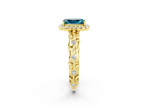 Yellow gold Emerald Cut Halo Diamond Solitaire with Filigree Band and Four-Prong Setting